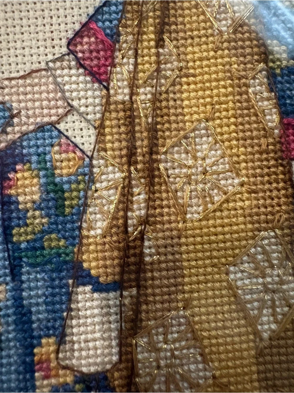 Vintage needlepoint, Japanese geisha, framed Asian art